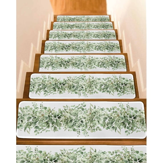 Stair Treads for Wooden Steps, Sage Green Eucalyptus Leaves Peel Stick Stair Treads with Adhesive, Spring Summer Botanical Floral Non Slip Indoor Stairs Runner Rugs Mats for Elders Dogs 8"x30"7PCS
