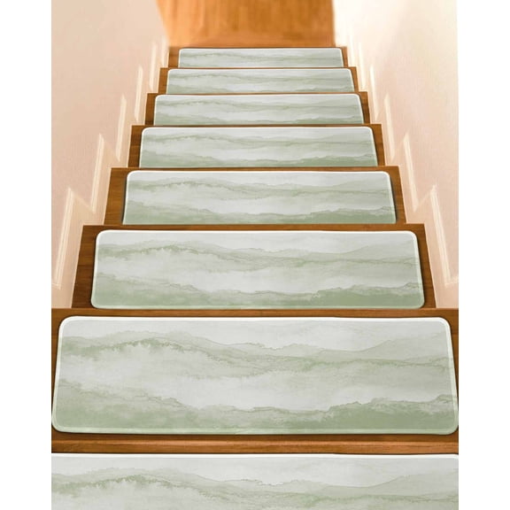 Stair Treads for Wooden Steps, Sage Green Ombre Mountain Peel and Stick Stair Treads with Adhesive, Nature Abstract Art Marble Non Slip Indoor Stairs Runner Rugs Mats for Elders Dogs 8"x30"15PCS