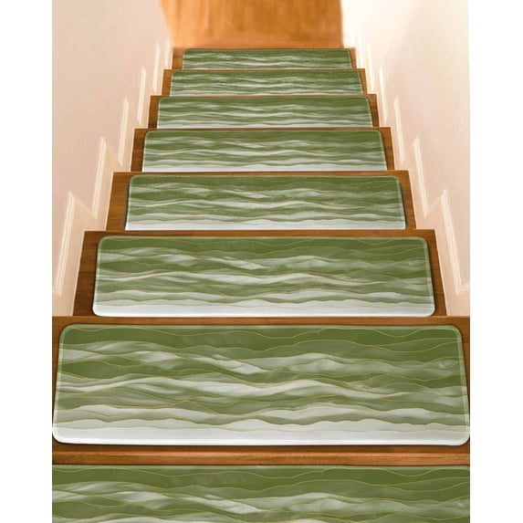 Stair Treads for Wooden Steps, Sage Green Ombre Peel and Stick Stair Treads with Adhesive, Modern Moire Abstract Art Luxury Non Slip Indoor Stairs Runner Rugs Mats for Elders Dogs 8"x30"10PCS
