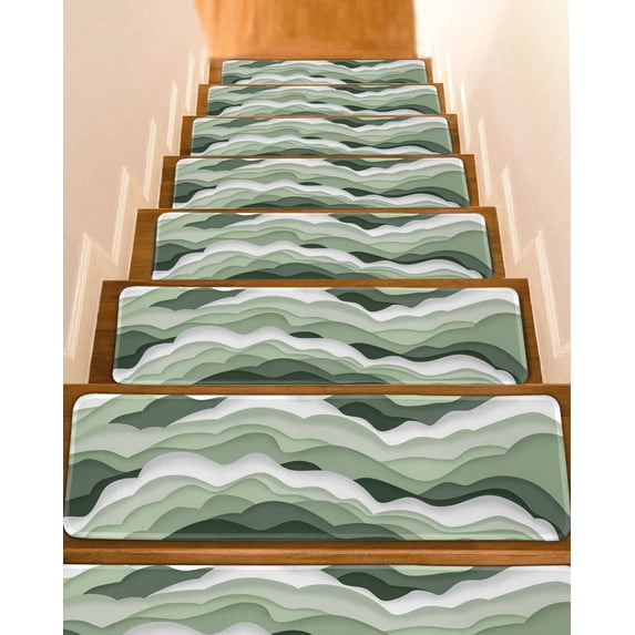 Stair Treads for Wooden Steps, Sage Green Ombre Peel and Stick Stair Treads with Reusable Adhesive, Modern Moire Geometric Abstract Non Slip Indoor Stairs Runner Rugs Mats for Elders Dogs 8"x30" 4PCS