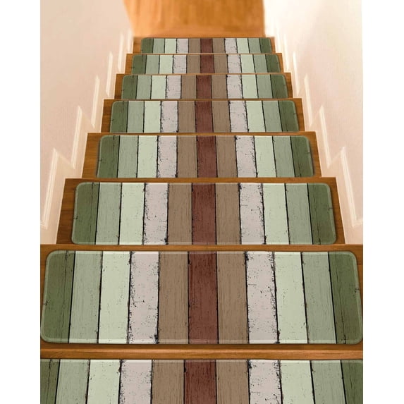 Stair Treads for Wooden Steps, Sage Green Peel and Stick Stair Treads with Adhesive, Farmhouse Wood Grain Vintage Brown Striped Non Slip Indoor Stairs Runner Rugs Mats for Elders Dogs 8"x30"4PCS