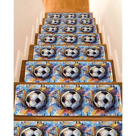 Stair Treads for Wooden Steps, Sports Football, Minimalist Painted Art Peel and Stick Stair Treads with Reusable Adhesive, Non Slip Indoor Stairs Runner Rugs Mats for Elders Dogs 8"x30" 4PCS