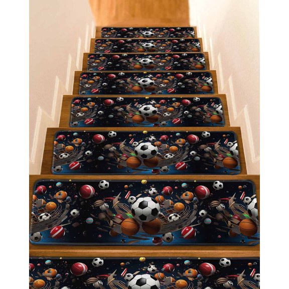 Stair Treads for Wooden Steps, Sports Peel and Stick Stair Treads with Reusable Adhesive, Football Basketball Baseball Ball Games Non Slip Indoor Stairs Runner Rugs Mats for Elders Dogs 8"x30" 4PCS