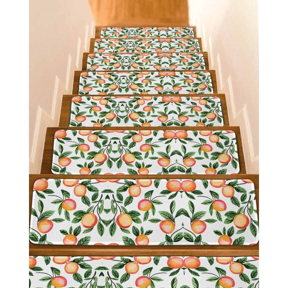 Stair Treads for Wooden Steps,Summer Fruits Peel and Stick Stair Treads with Reusable Adhesive,Spring Orange Peach Green Botanical Non Slip Indoor Stairs Runner Rugs Mats for Elders Dogs 8"x30" 7PCS