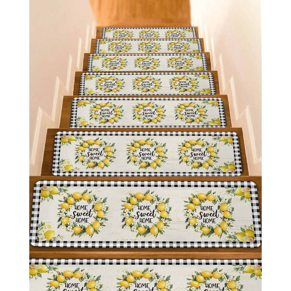 Stair Treads for Wooden Steps,Summer Lemon Peel and Stick Stair Treads with Adhesive,Yellow Botanical Checkered Farmhouse Buffalo Non Slip Indoor Stairs Runner Rugs Mats for Elders Dogs 8"x30" 7PCS