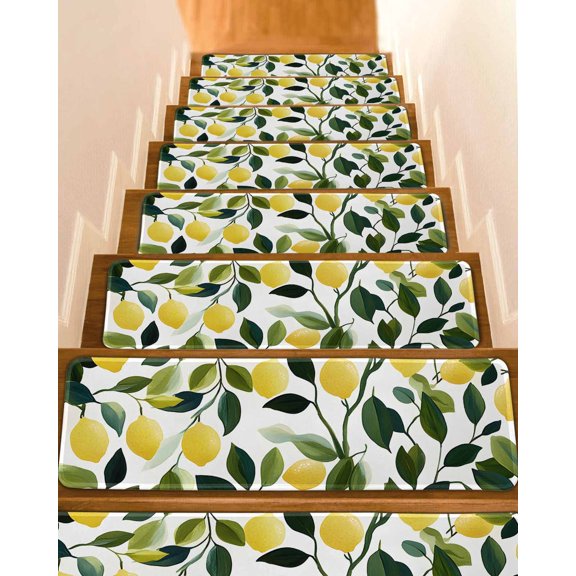 Stair Treads for Wooden Steps, Summer Lemon Peel and Stick Stair Treads with Adhesive, Yellow Fruits Pastoral Green Botanical Non Slip Indoor Stairs Runner Rugs Mats for Elders Dogs 8"x30"15PCS