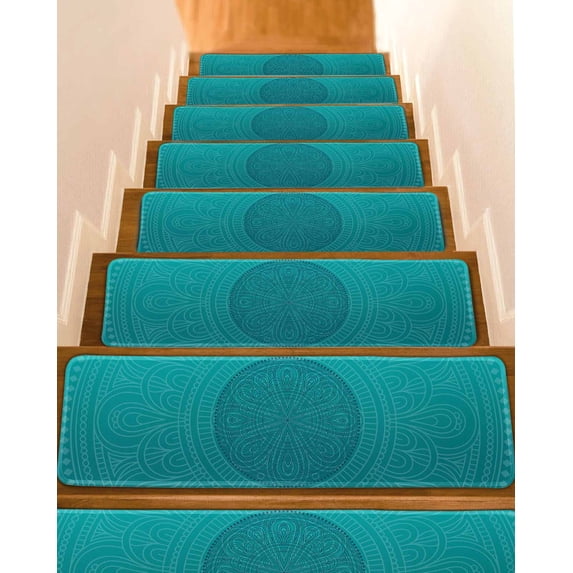Stair Treads for Wooden Steps, Teal Boho Peel and Stick Stair Treads with Adhesive, Farmhouse Abstract Geometric Aesthetic Art Non Slip Indoor Stairs Runner Rugs Mats for Elders Dogs 8"x30"4PCS