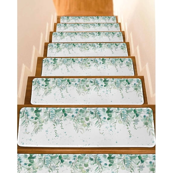 Stair Treads for Wooden Steps, Teal Botanical Peel and Stick Stair Treads with Reusable Adhesive, Spring Weeping Eucalyptus Leaves Non Slip Indoor Stairs Runner Rugs Mats for Elders Dogs 8"x30" 4PCS