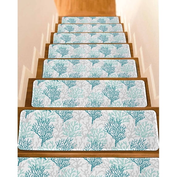 Stair Treads for Wooden Steps, Teal Grey Coral Coastal Peel and Stick Stair Treads with Adhesive, Summer Beach Seaside Nautical Non Slip Indoor Stairs Runner Rugs Mats for Elders Dogs 8"x30"7PCS