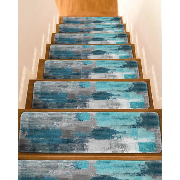 Stair Treads for Wooden Steps, Teal Grey Peel and Stick Stair Treads with Adhesive, Modern Oil Painted Abstract Art Aesthetics Non Slip Indoor Stairs Runner Rugs Mats for Elders Dogs 8"x30"10PCS