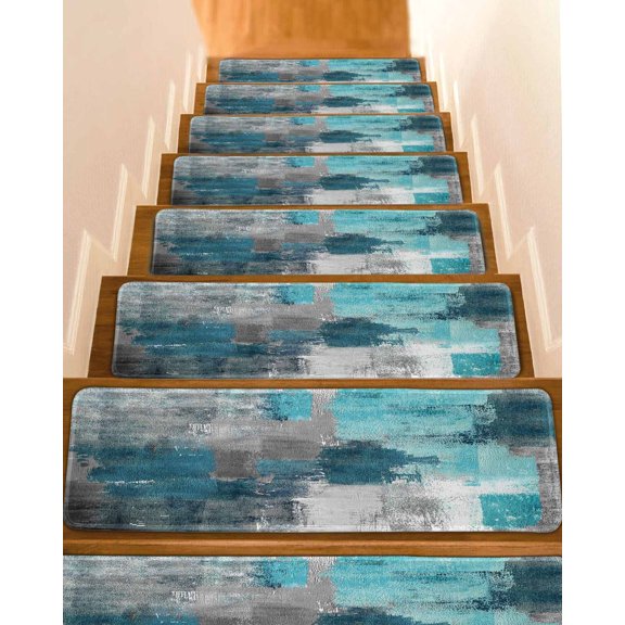 Stair Treads for Wooden Steps, Teal Grey Peel and Stick Stair Treads with Adhesive, Modern Oil Painted Abstract Art Aesthetics Non Slip Indoor Stairs Runner Rugs Mats for Elders Dogs 8"x30"15PCS