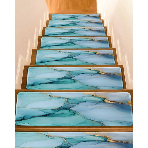 Stair Treads for Wooden Steps,Teal Marble Peel and Stick Stair Treads with Reusable Adhesive,Contemporary Ink Painted Abstract Art Non Slip Indoor Stairs Runner Rugs Mats for Elders Dogs 8"x30" 4PCS