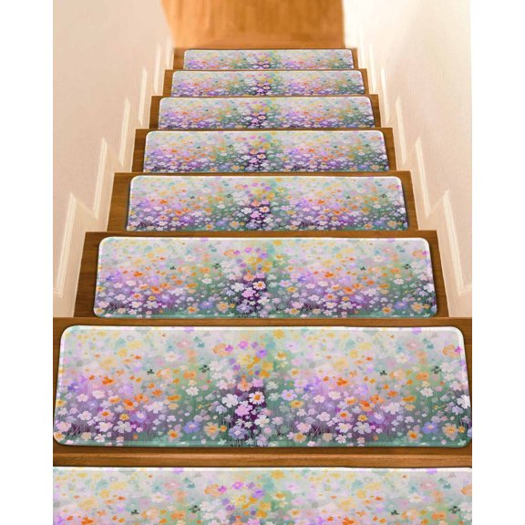 Stair Treads for Wooden Steps, Teal Spring Floral Peel and Stick Stair Treads with Adhesive, Modern Oil Painted Daisy Botanical Non Slip Indoor Stairs Runner Rugs Mats for Elders Dogs 8"x30"15PCS
