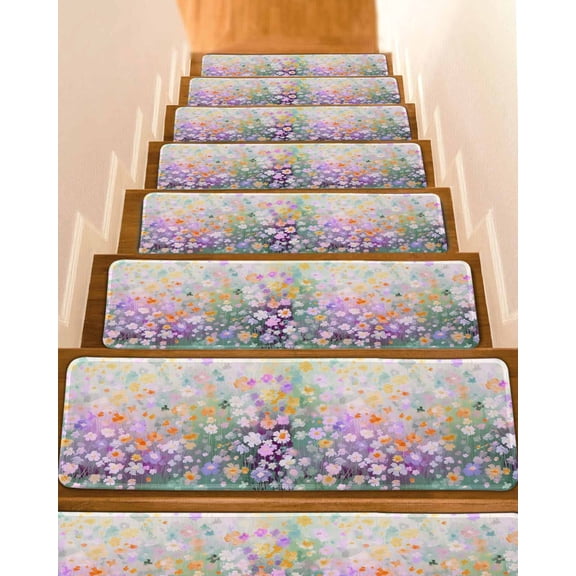 Stair Treads for Wooden Steps, Teal Spring Floral Peel and Stick Stair Treads with Adhesive, Modern Oil Painted Daisy Botanical Non Slip Indoor Stairs Runner Rugs Mats for Elders Dogs 8"x30"4PCS