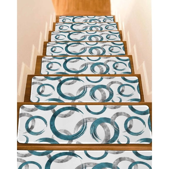 Stair Treads for Wooden Steps,Turquoise Grey Peel and Stick Stair Treads with Adhesive,Geometric Circle Modern Abstract Simple Art Non Slip Indoor Stairs Runner Rugs Mats for Elders Dogs 8"x30" 10PCS