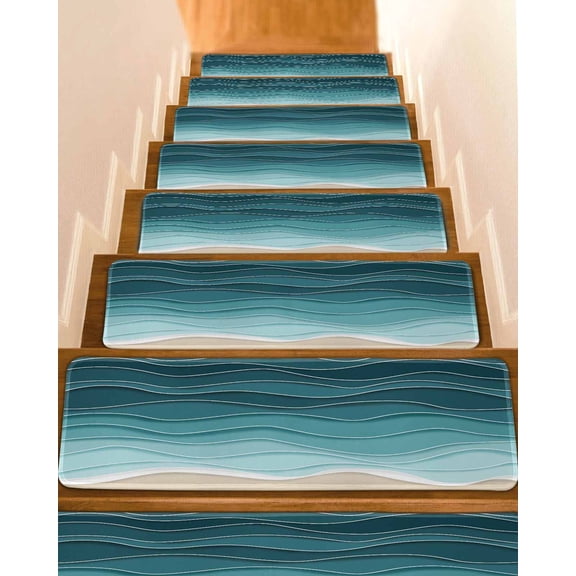 Stair Treads for Wooden Steps,Turquoise Waves Peel and Stick Stair Treads with Adhesive,Simple Ombre Abstract Sea Waves Art Non Slip Indoor Stairs Runner Rugs Mats for Elders Dogs 8"x30" 7PCS