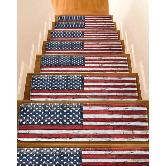 Stair Treads for Wooden Steps, Vintage American Flag Peel and Stick Stair Treads with Reusable Adhesive, Country Wooden USA Flag Non Slip Indoor Stairs Runner Rugs Mats for Elders Dogs 8"x30" 10PCS
