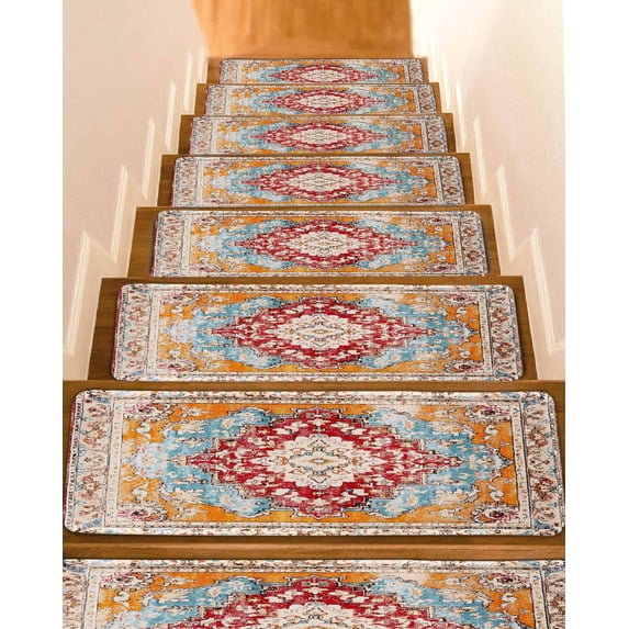 Stair Treads for Wooden Steps, Vintage Ethnic Peel and Stick Stair Treads with Adhesive, Boho Tribes Modern Orange Middle Century Non Slip Indoor Stairs Runner Rugs Mats for Elders Dogs 8"x30"15PCS