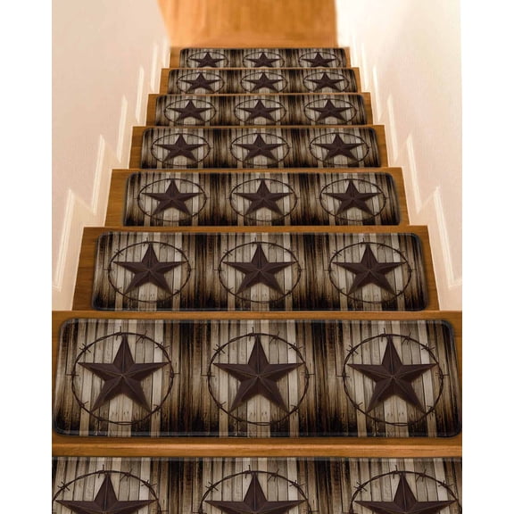 Stair Treads for Wooden Steps, Western Star Retro Peel and Stick Stair Treads with Reusable Adhesive, Vintage Brown Wood Barn Non Slip Indoor Stairs Runner Rugs Mats for Elders Dogs 8"x30" 4PCS
