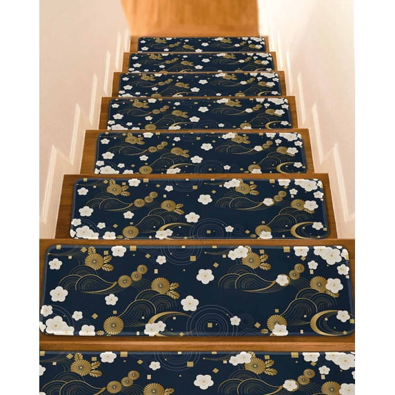 Stair Treads for Wooden Steps,Yellow Flower Peel Stick Stair Treads with Adhesive,Japanese Style Floral Leaf Textured Navy Blue Non Slip Indoor Stairs Runner Rugs Mats for Elders Dogs 8"x30" 10PCS