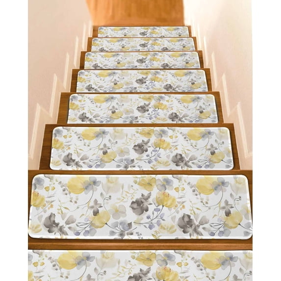 Stair Treads for Wooden Steps, Yellow Grey Botanical Peel and Stick Stair Treads with Reusable Adhesive, Spring Floral Watercolor Non Slip Indoor Stairs Runner Rugs Mats for Elders Dogs 8"x30" 4PCS