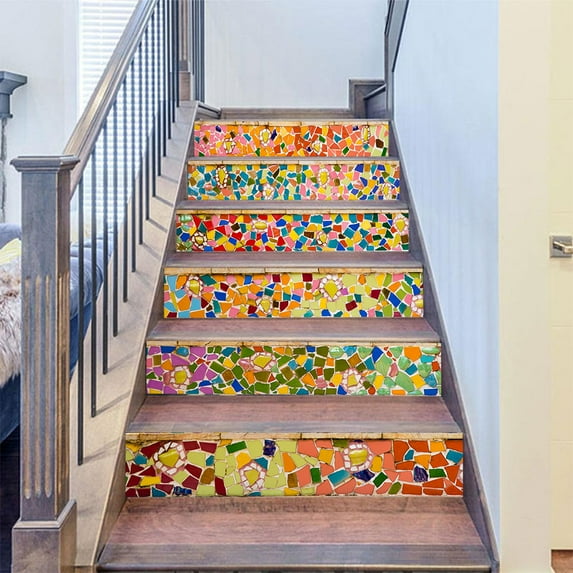 Stair stickers, Wall Tile Sticker Decals Color Mosaic Self-Adhesive Tile Stickers Stair Mural Vinyl for Walls Kitchen Home Decorations, Backsplash Stickers 39.37" L x 7.08" W