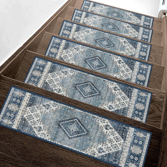 Staircase & Floor Step Treads Blue & Ivory | Non Slip, 8" x 30" (Rectangle), 15 Count