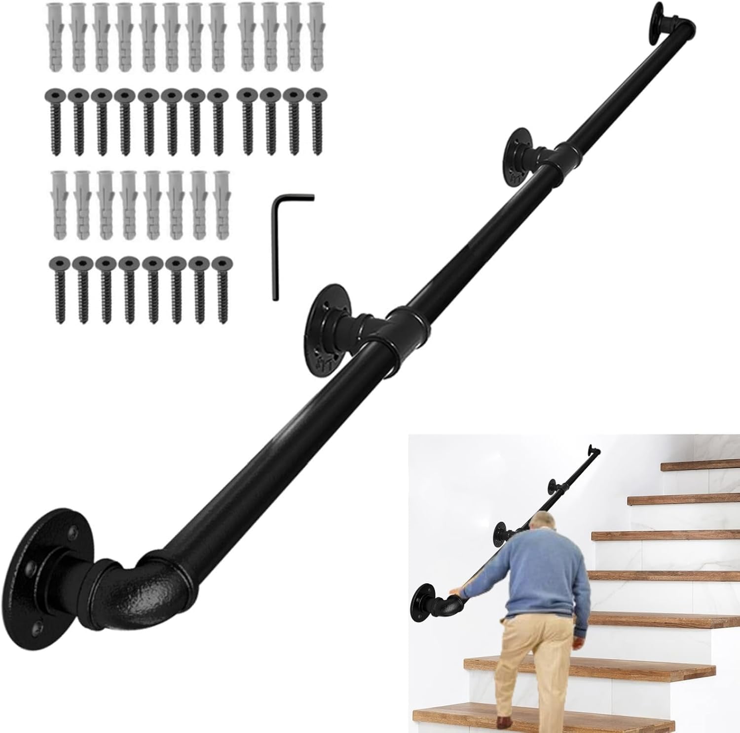 Staircase Handrails, 10FT / 300cm Black Cover Pipe Iron Hand Rails ...