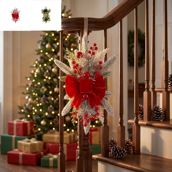 Staircase Hanging Decor,Teardrop Foliage Ornament,Snow Flocked Artificial Branch with Berry Pine Cone Accents for Railing Mantel Front Door Winter Layout(Red)