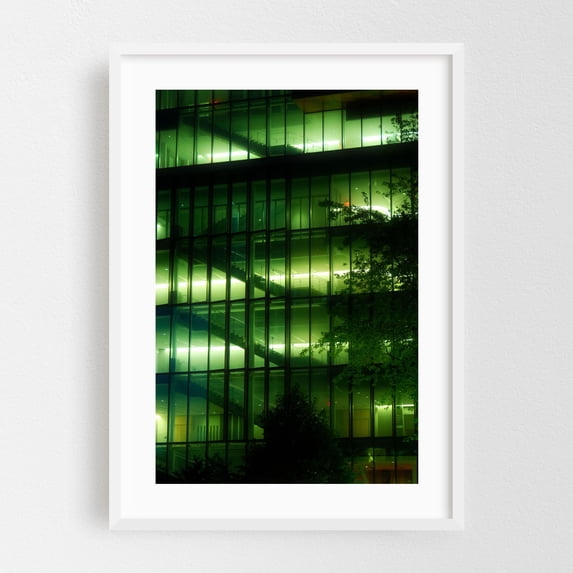 Staircase Luminescence - Manhattan New York Photography Architecture Nightlife Cityscape Modern Art Geometric Industrial Neon Sign White Framed Wall Art Print 24 x 36 inches