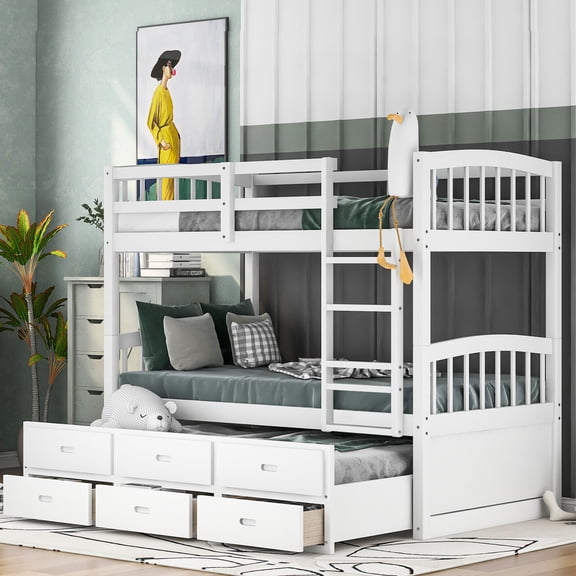 Staircase for Easy Access - Twin Bunk Bed with Drawers and Trundle