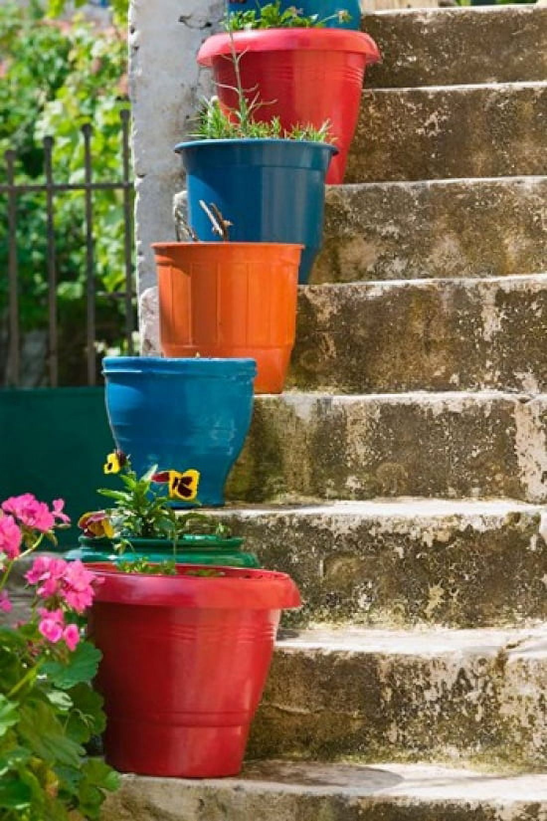 Staircase with Flower Planters Fiskardo Kefalonia Ionian Islands Greece Canvas Art - Walter Bibikow DanitaDelimont (19 x 28)