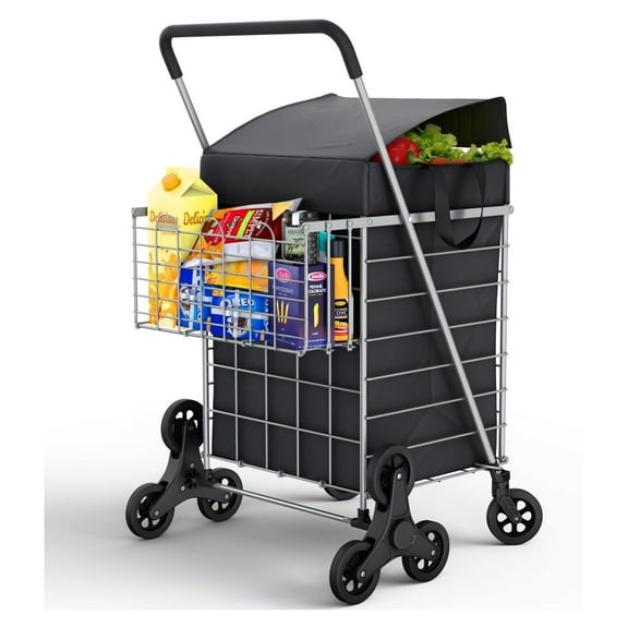 Stairs Climbing Shopping Cart w/Waterproof Basket Liner & 360° Swivel Wheels | Foldable Collapsible & Lightweight | Perfect for Groceries Laundry Utility Cart - Silver