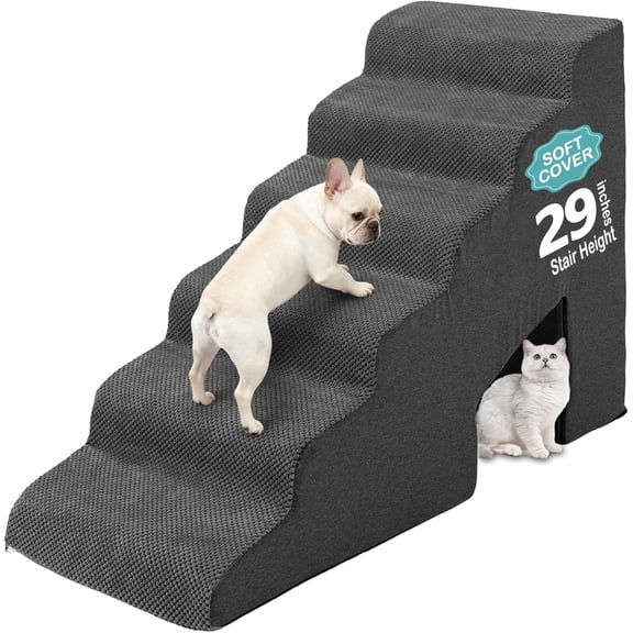 Stairs for Dogs to Get  Bed, 29 inches  Steps for High Beds 26-30 inches High Tall, 6 Step  Stairs for Bed, Non-Slip Pet Ramp with 3 Pack Ramps for Staircase