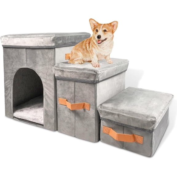 Stairs with Storage, Foldable  Steps for Sofa High Beds, Portable  Storage Stepper for Small Pets Dogs Cats, 3 Steps Grey