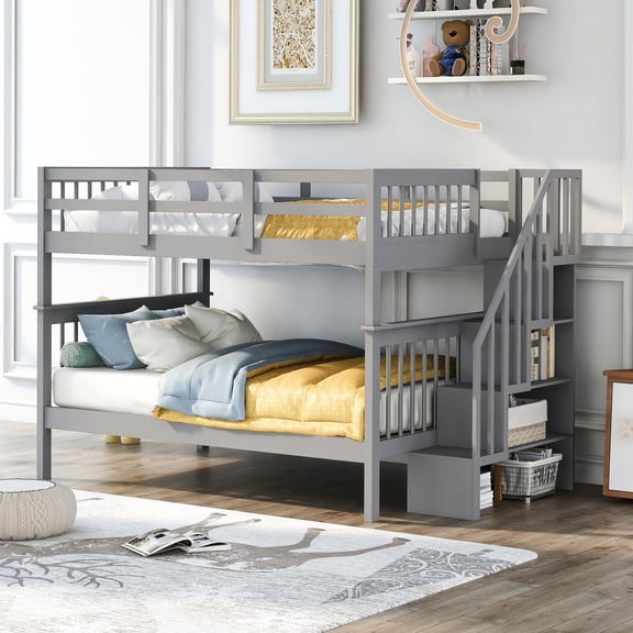 Stairway Bunk Bed In Gray With Storage And Guard Rail. Bedroom, Dorm Use. Solid Wood Material. Large Capacity. Safe Staircase Design. Versatile Configuration. No Spring Box Required. 250lbs Up,