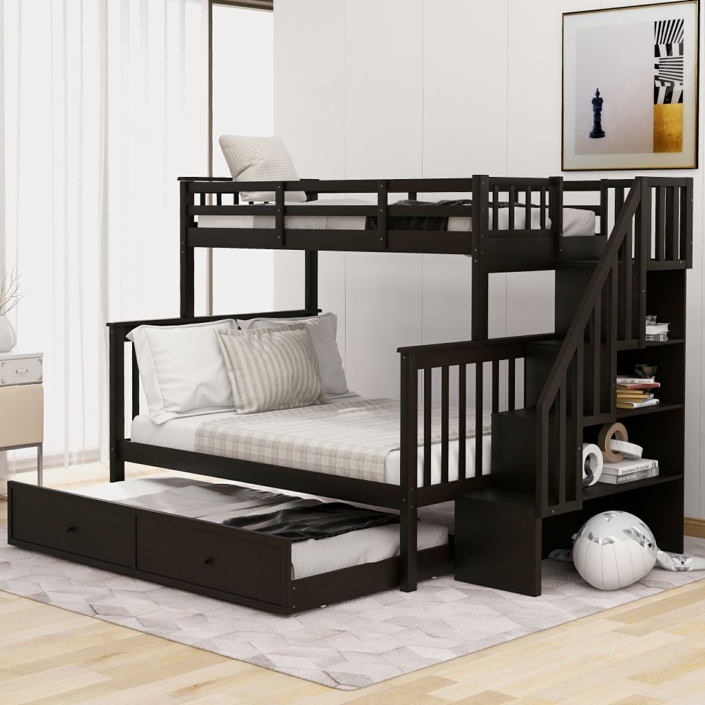 Stairway Bunk Bed Twin Over Full with Twin Trundle, Stairs, Storage and Guard Rail for Bedroom, Dorm, Solid Wood Twin-Over-Full bed, Saving Space, Espresso - image 1 of 7