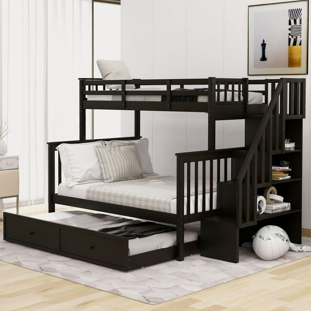 Stairway Bunk Bed Twin Over Full with Twin Trundle, Stairs, Storage and Guard Rail for Bedroom, Dorm, Solid Wood Twin-Over-Full bed, Saving Space, Espresso
