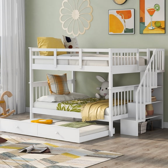 Stairway Bunk Bed With Twin Size Trundle And Storage For Bedroom - White Stylish