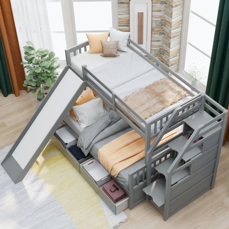 Stairway Bunk Beds Twin over Full with 2 Drawers and Slide, Multifunction Wood Loft Bed with Stairs Storage and Drawers for Kids, Adults Can be Divided into Two Beds