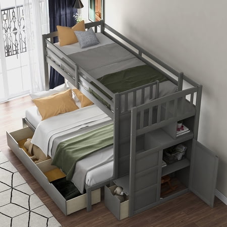 Stairway Bunk Beds Twin Over Full with Storage Shelves and 2 Under Bed Drawers Convertible Bottom Bed