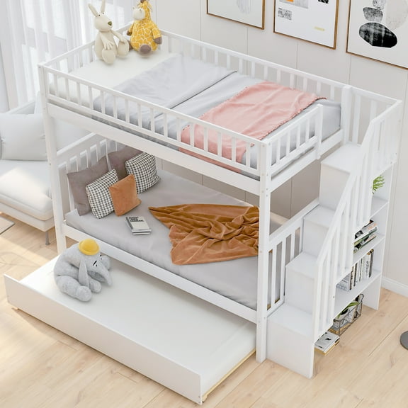 Stairway Bunk Beds Twin Over Twin with 4 Storage Shelves in The Steps and a Twin Trundle Teens Bedroom, Guest Room Furniture