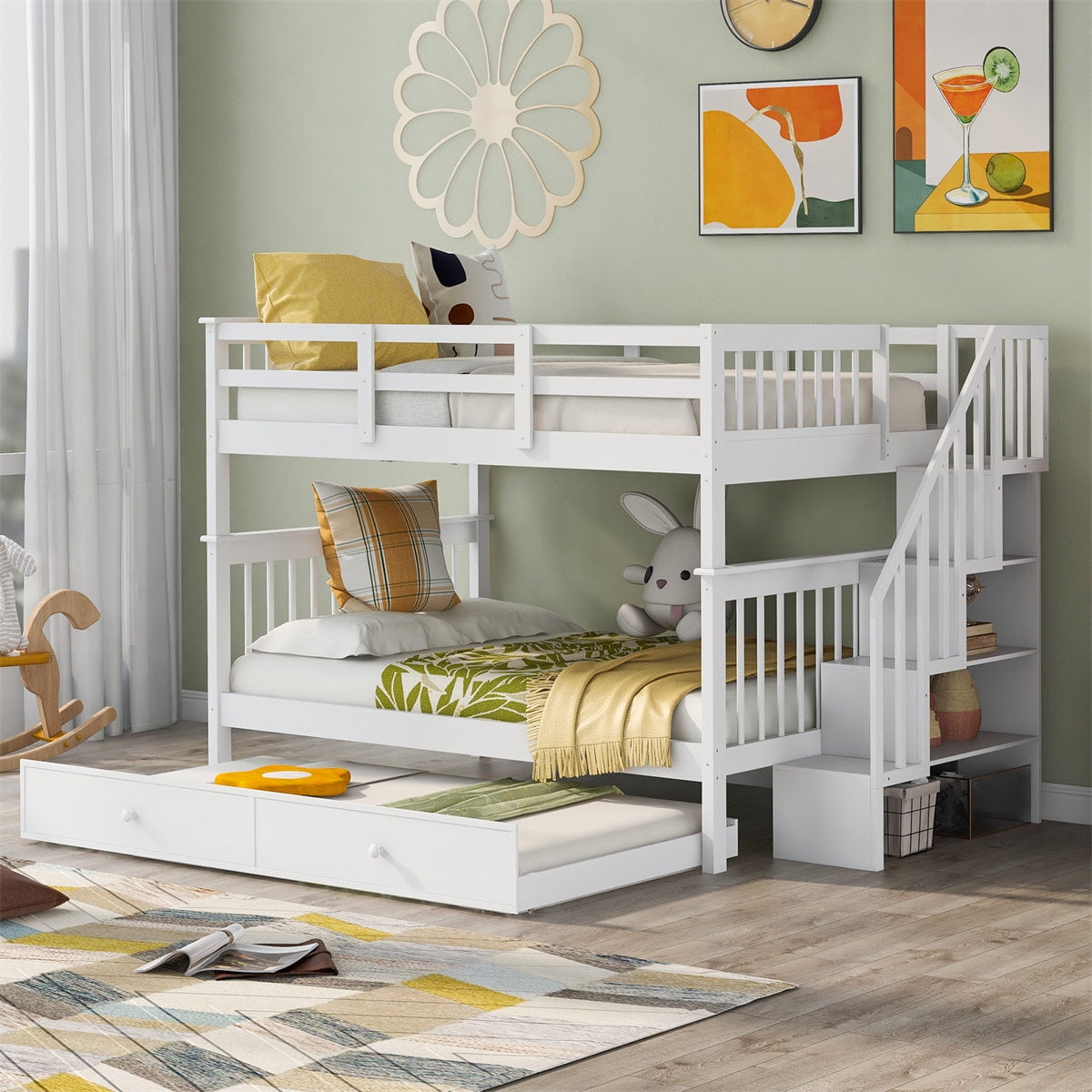 Stairway Full Over Full Bunk Bed With Twin Size Trundle Wood Bunk Bed With Storage Stairway And