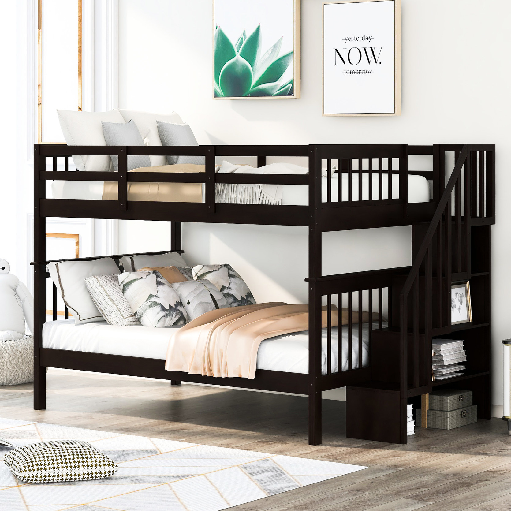 Stairway Full-Over-Full Bunk Bed, Espresso, with Storage & Safety ...