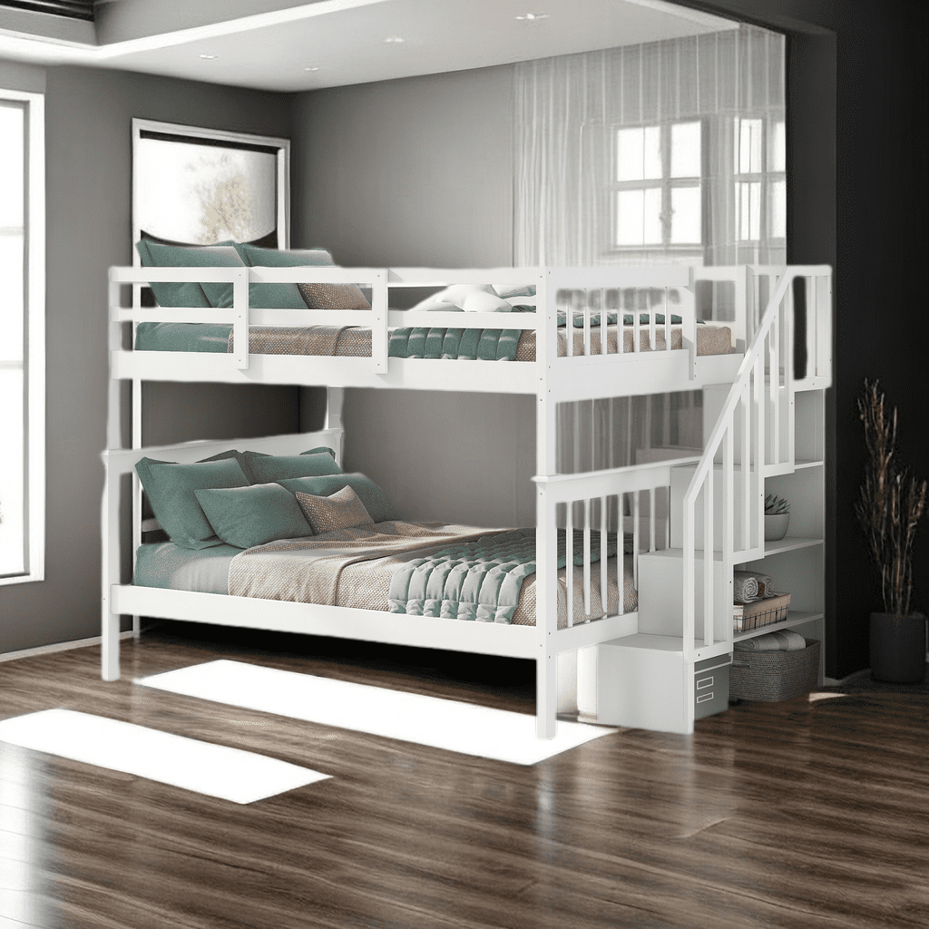 Stairway Full-Over-Full Bunk Bed Frame with Storage and Guard Rail for ...