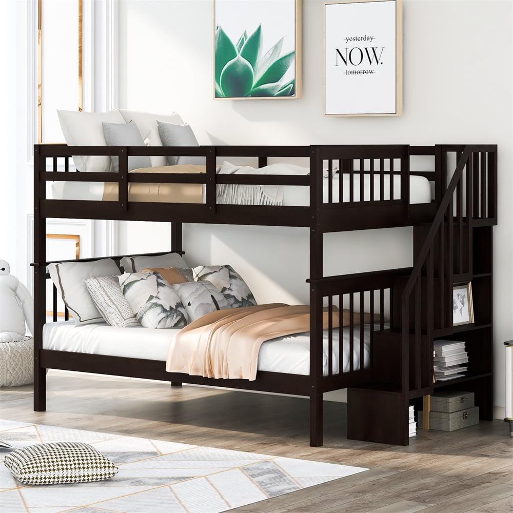 Stairway FullOverFull Bunk Bed with Storage Shelves, Wooden Loft Bed