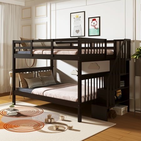 Stairway Full-Over-Full Bunk Bed with Storage and Guard Rail for Bedroom, Dorm, Espresso