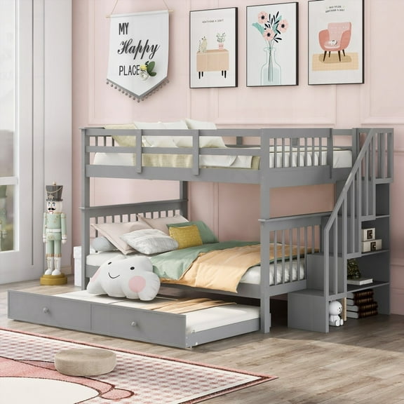 Stairway Full-Over-Full Bunk Bed with Twin Trundle: Storage & Guard Rail, Gray (Enhanced Space & Safety)