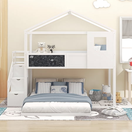 Stairway House Bed Solid Wood Twin over Full Bunk Bed with Roof, Window, Guardrail, Storage Staircase, Roof and Window Design for Toddler Kids Teens(White)