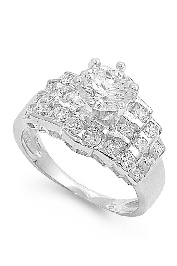 Stairway Patterned Round Center Cubic Zirconia Ring Sterling Silver 925
